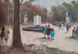 Scène animée dans le parc de Naples Vieille Peinture à l'huile originale signée