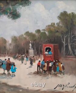 Scène animée dans le parc de Naples Vieille Peinture à l'huile originale signée