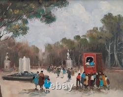 Scène animée dans le parc de Naples Vieille Peinture à l'huile originale signée