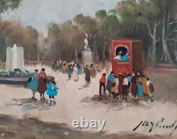 Scène animée dans le parc de Naples Vieille Peinture à l'huile originale signée