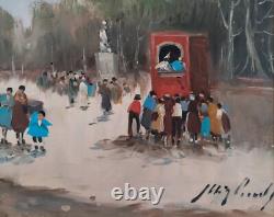 Scène animée dans le parc de Naples Vieille Peinture à l'huile originale signée