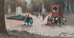 Scène animée dans le parc de Naples Vieille Peinture à l'huile originale signée