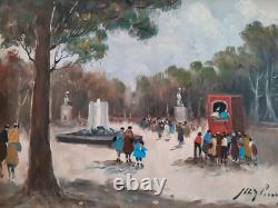 Scène animée dans le parc de Naples Vieille Peinture à l'huile originale signée