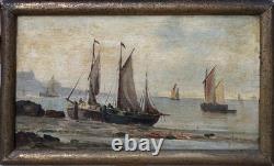 Small Antique Original Oil Painting Seascape Fishing Boat, Framed