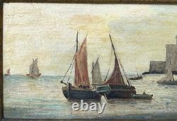 Small Antique Original Oil Painting Seascape Fishing Boat, Framed