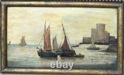 Small Antique Original Oil Painting Seascape Fishing Boat, Framed