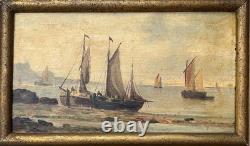 Small Antique Original Oil Painting Seascape Fishing Boat, Framed