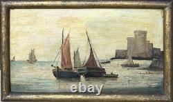 Small Antique Original Oil Painting Seascape Fishing Boat, Framed