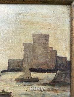 Small Antique Original Oil Painting Seascape Fishing Boat, Framed