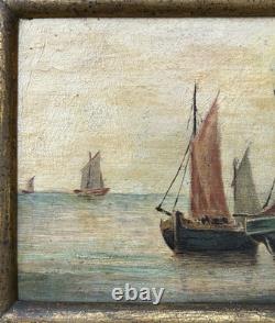 Small Antique Original Oil Painting Seascape Fishing Boat, Framed