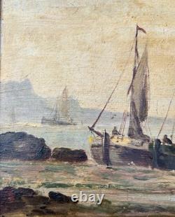 Small Antique Original Oil Painting Seascape Fishing Boat, Framed