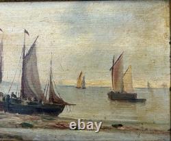 Small Antique Original Oil Painting Seascape Fishing Boat, Framed