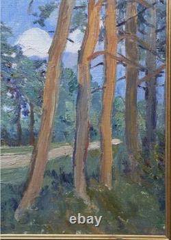 Small Original Antique Landscape, Trees, Nature Park, Oil Painting, Framed