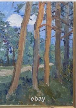 Small Original Antique Landscape, Trees, Nature Park, Oil Painting, Framed