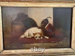 Sublime Huile sur bois Le chien et le singe signée Vincent DE VOS (1829-1875)