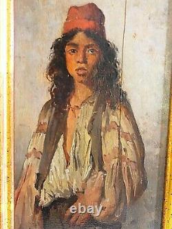 Sublime huile sur bois ORIENTALISTE portrait d'un jeune homme d'époque XIXe