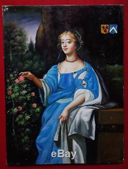 Sup. Portrait d'une Dame du XVIIème, armoiries, panneau sur bois très bon état