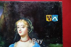 Sup. Portrait d'une Dame du XVIIème, armoiries, panneau sur bois très bon état