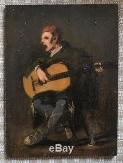 Superbe Huile sur Bois d'Eugène Forel Joueur de Guitare 1882 Fontarrabie