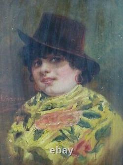 Superbe ancienne Peinture originale huile sur panneau portrait de femme Lozano