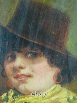 Superbe ancienne Peinture originale huile sur panneau portrait de femme Lozano