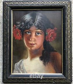 Superbe école française du 19ème, jeune fille coiffée de fleurs, huile sur bois