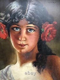 Superbe école française du 19ème, jeune fille coiffée de fleurs, huile sur bois