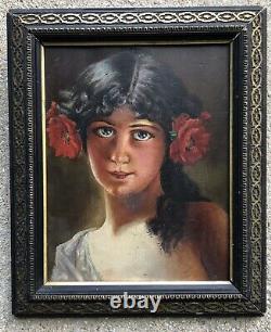 Superbe école française du 19ème, jeune fille coiffée de fleurs, huile sur bois