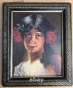 Superbe école française du 19ème, jeune fille coiffée de fleurs, huile sur bois