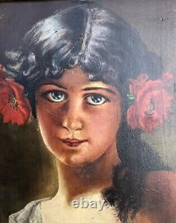 Superbe école française du 19ème, jeune fille coiffée de fleurs, huile sur bois