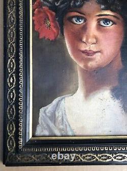 Superbe école française du 19ème, jeune fille coiffée de fleurs, huile sur bois