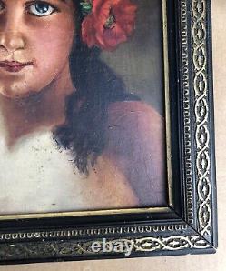 Superbe école française du 19ème, jeune fille coiffée de fleurs, huile sur bois