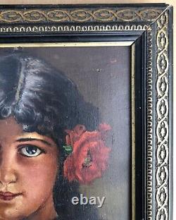 Superbe école française du 19ème, jeune fille coiffée de fleurs, huile sur bois