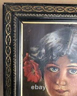 Superbe école française du 19ème, jeune fille coiffée de fleurs, huile sur bois