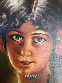 Superbe école française du 19ème, jeune fille coiffée de fleurs, huile sur bois
