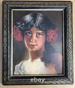 Superbe école française du 19ème, jeune fille coiffée de fleurs, huile sur bois