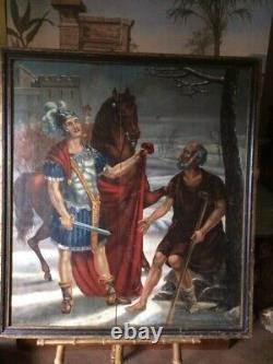 Superbe grand tableau religieux XIX ième peint sur bois / Saint Martin