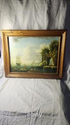 Superbe peinture à l'huile sur toile, scène marine romantique grand voilier au