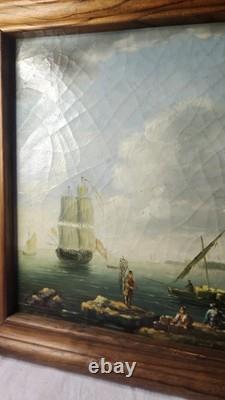 Superbe peinture à l'huile sur toile, scène marine romantique grand voilier au