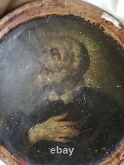 Superbe portrait d'un saint, XVI ème religion catholique, huile sur bois, tondo