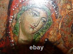 Superbe rare ancienne icône religieuse peinture sur bois la vierge à l'enfant