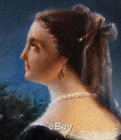 Superbe tableau portrait de femme romantique, encadré. Ecole Française XIX ème