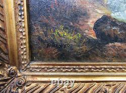 Superbe tableau signé Huile sur bois style Barbizon, cascade paysage de montagne