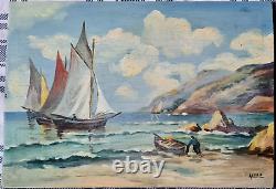 TABLEAU ANCIEN 1900/1920 MARINE Voiliers et embarcation d'un marin
