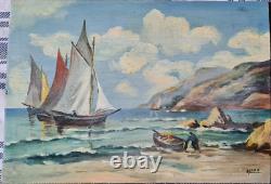 TABLEAU ANCIEN 1900/1920 MARINE Voiliers et embarcation d'un marin