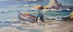 TABLEAU ANCIEN 1900/1920 MARINE Voiliers et embarcation d'un marin