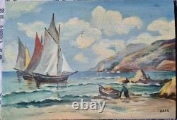 TABLEAU ANCIEN 1900/1920 MARINE Voiliers et embarcation d'un marin