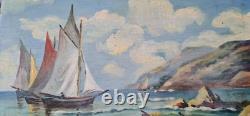 TABLEAU ANCIEN 1900/1920 MARINE Voiliers et embarcation d'un marin