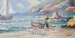 TABLEAU ANCIEN 1900/1920 MARINE Voiliers et embarcation d'un marin