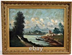 TABLEAU Paysage Fluvial Pêcheurs Huile sur Toile Beau Cadre Bois Doré XIXème